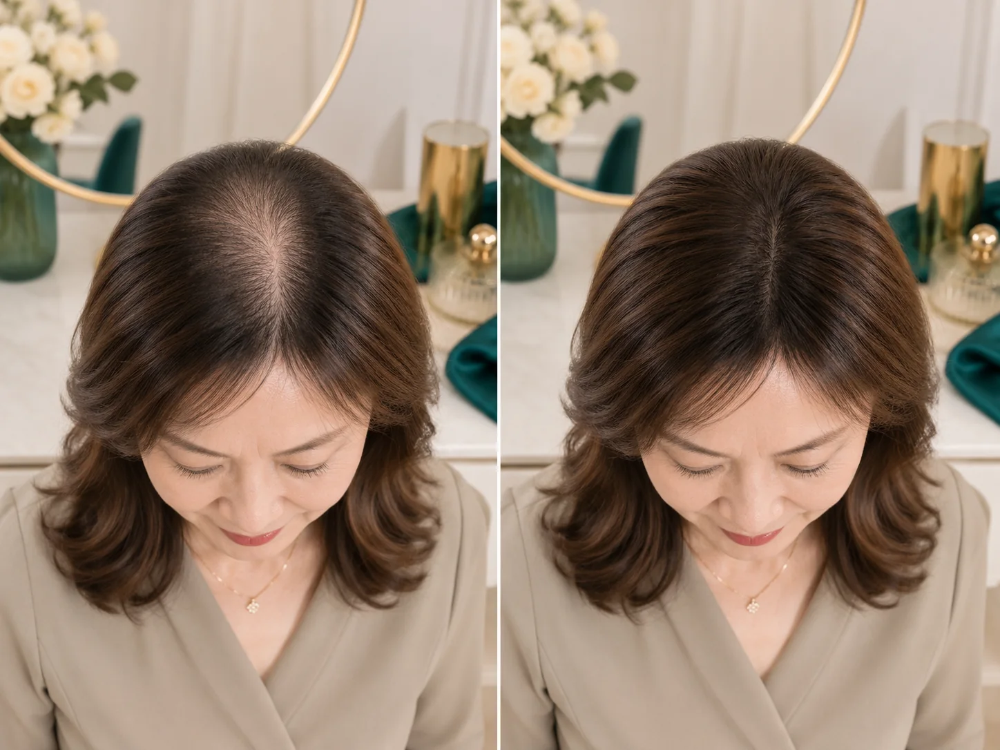 M&MY crown topper before and after comparison showing improved top coverage