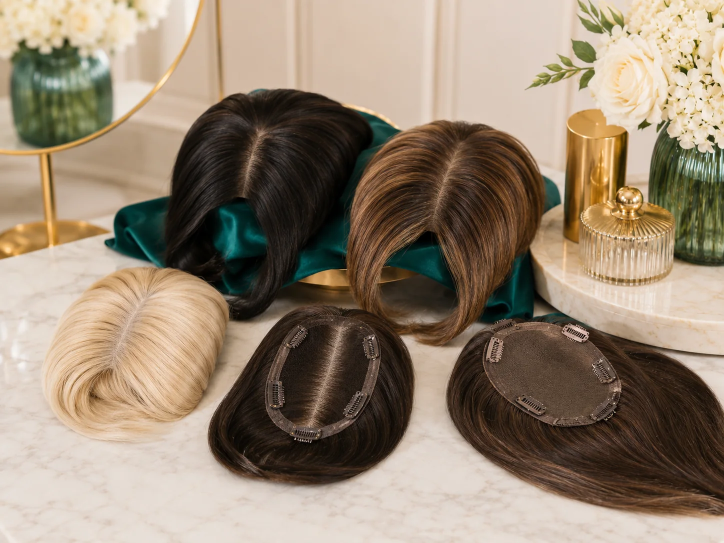 M&MY hairpiece and topper display with multiple colors and clip-in base details