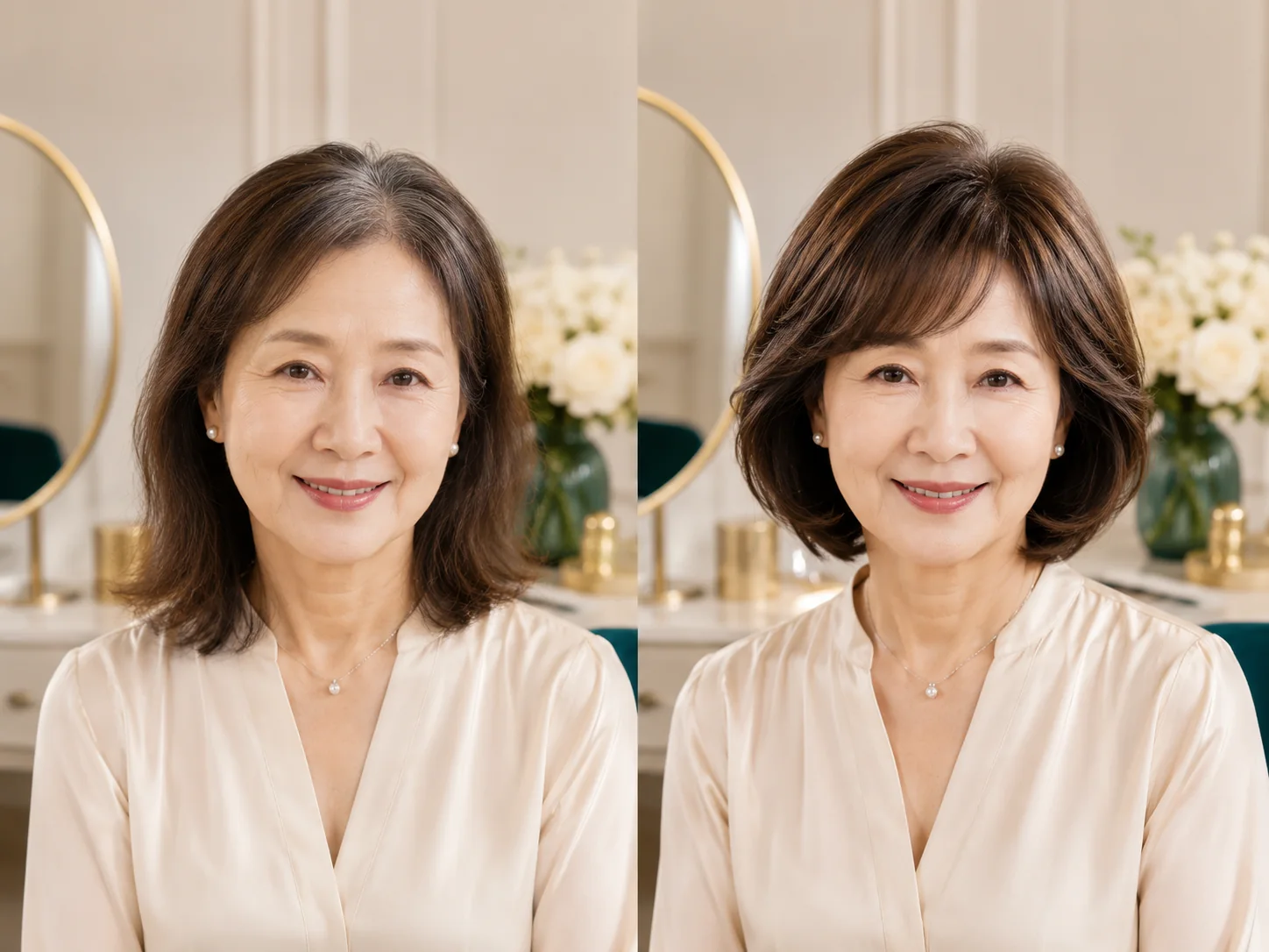 M&MY mature women wig before and after comparison showing a soft short hairstyle