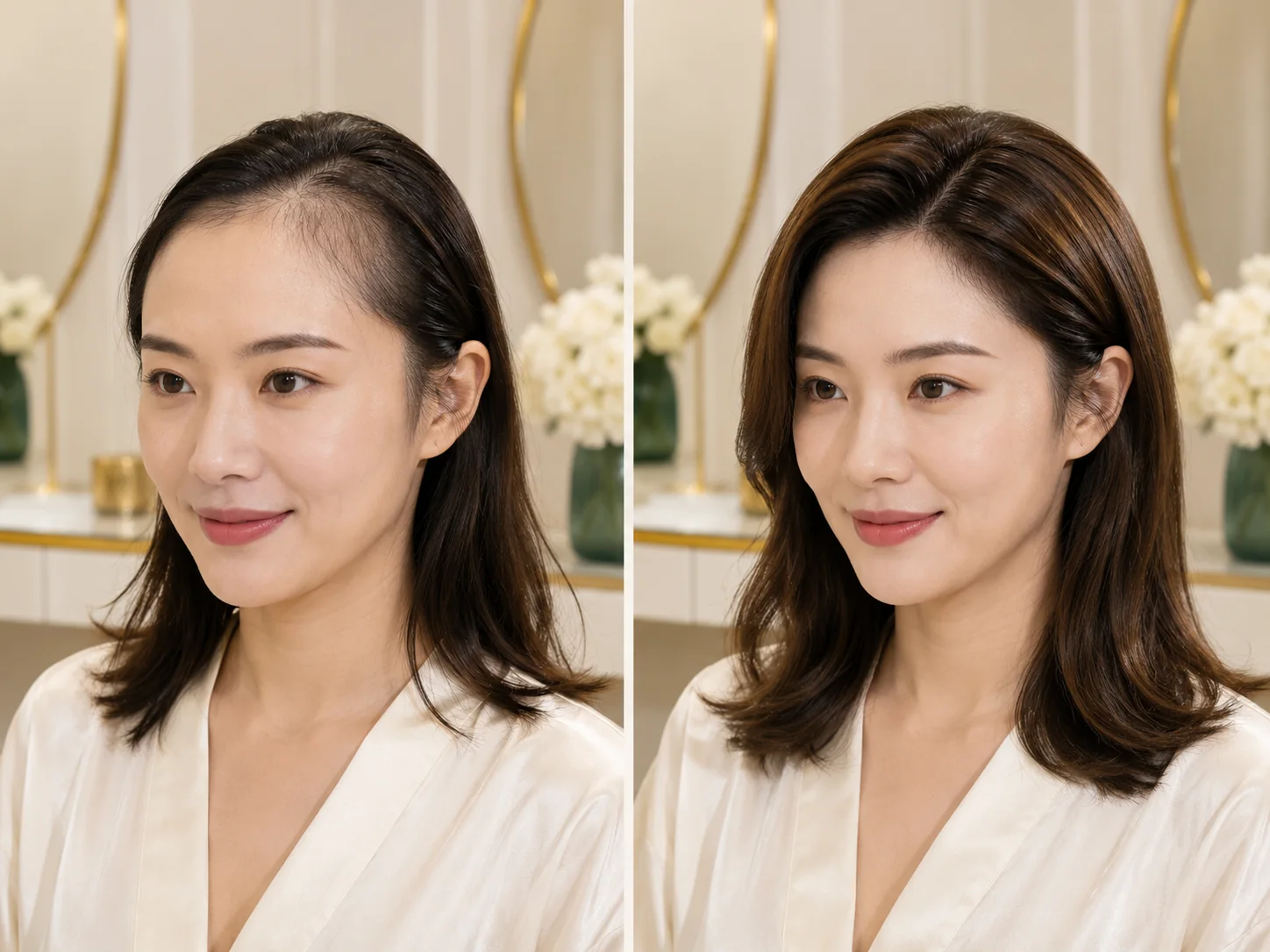 M&MY natural hairline wig before and after comparison showing a softer front hairline