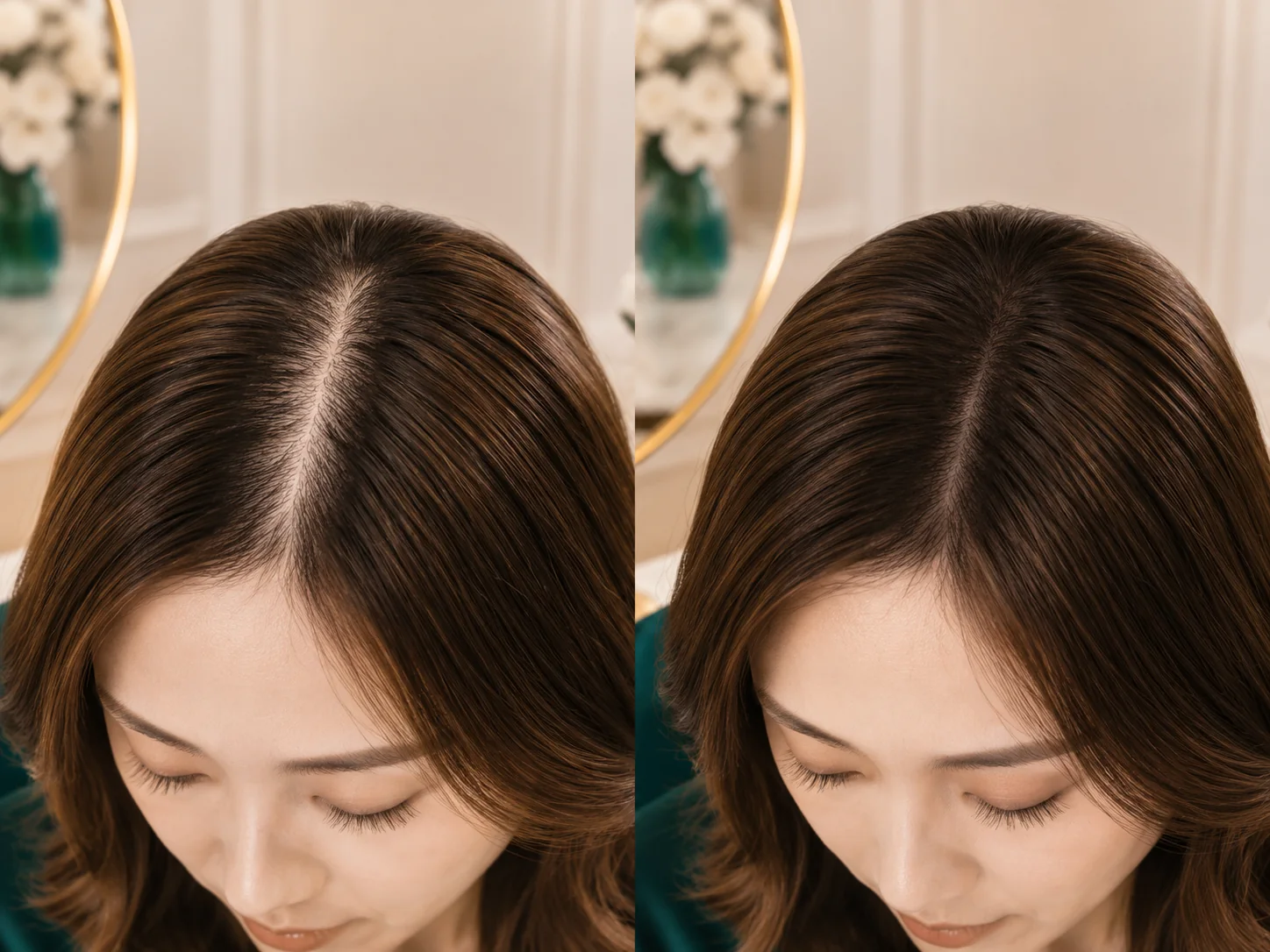 M&MY part line topper before and after close-up showing a more natural parting area