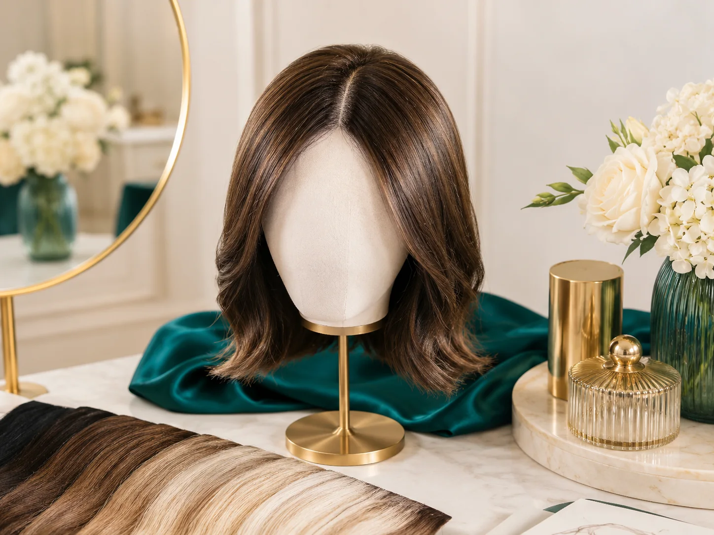 M&MY premium custom wig displayed on a mannequin with hair color samples in a refined salon setting