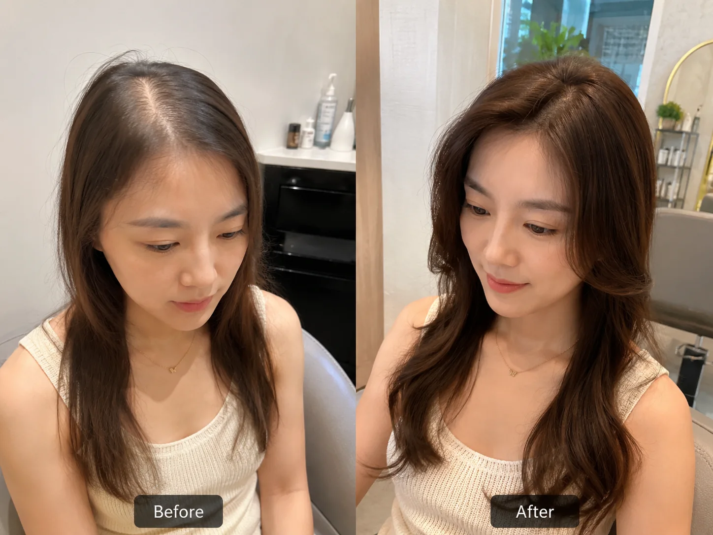 女士发量少佩戴调整前后对比参考,观察整体发型层次和头型饱满度
